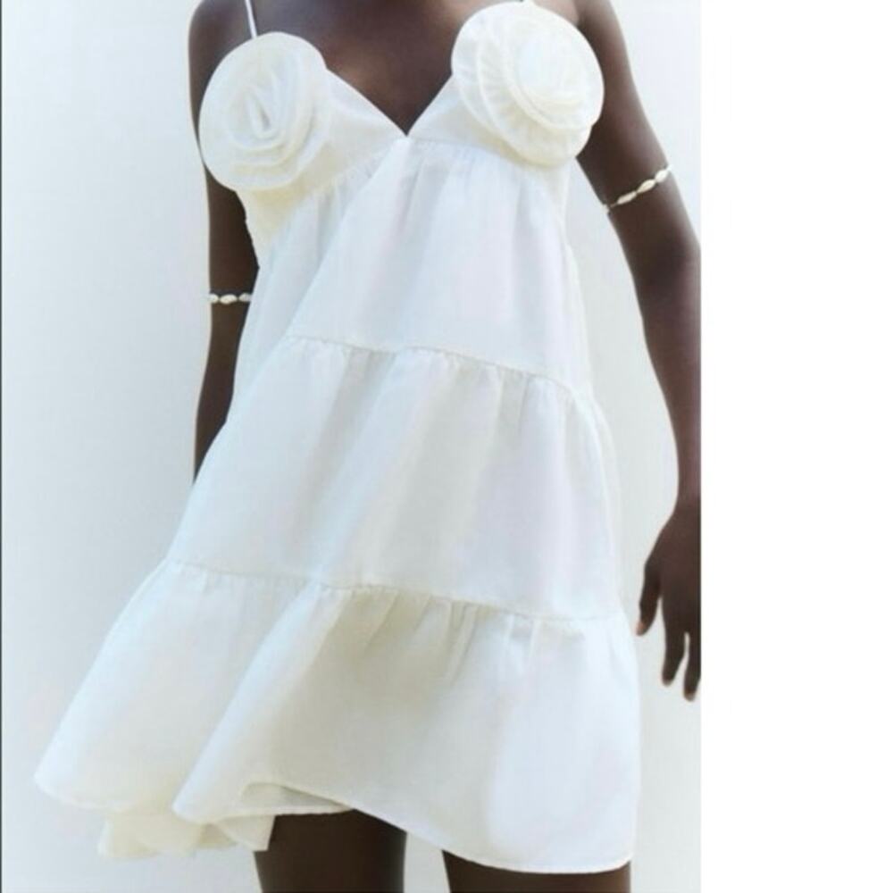 Zara White Poplin Summer Dress with Flowers  Sz L bridal bachelorette dress